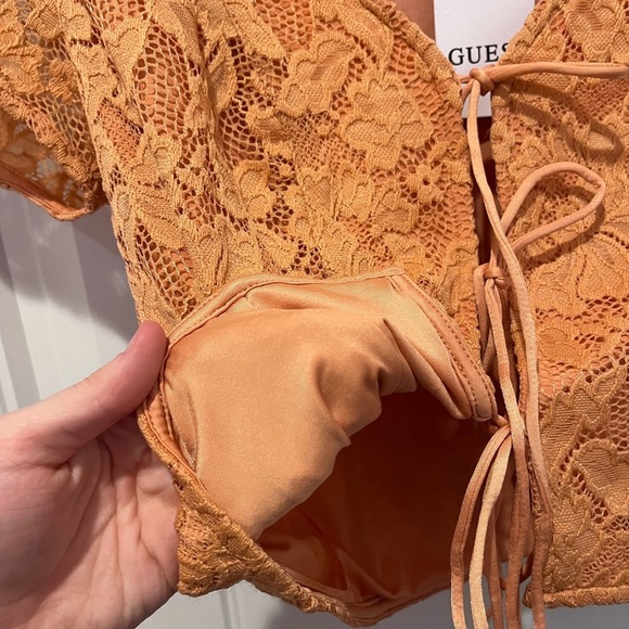 🧁GUESS Orange Floral Lace Mesh Tie Top Coquette Office Spring Cottagecore Boho - Picture 4 of 10